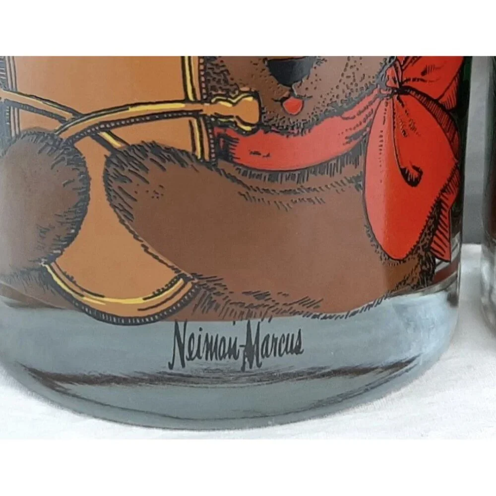 Vintage Neiman Marcus Christmas Holiday Teddy Bear Glasses Set of 6